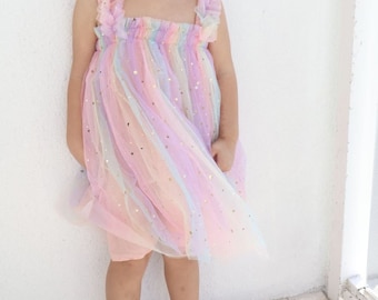 9M - 6T - Pink pastel Rainbow tulle dress, baby tulle dress, Fairy Dress, First birthday dress, Toddler photo dress, Unicorn