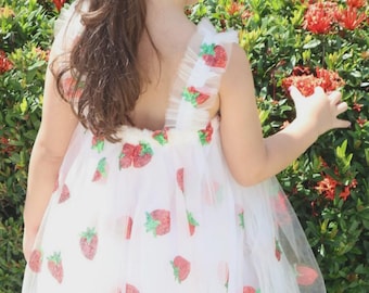 Tulejurk aardbei, witte peuterjurk met bloemen, pailletten