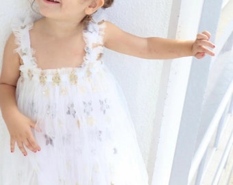 Vestido de bebé de tul blanco – Estrella dorada y plateada, conjunto de cumpleaños