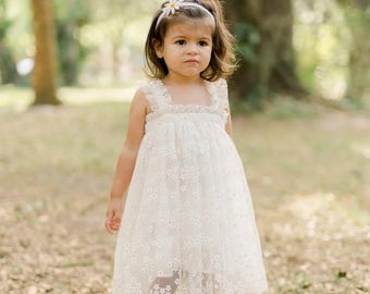 RESTOCK 3M- 6Y White Daisy Dress, Small flower dress, White  Dress, Birthday dress girl, Flower Girl Dress, Princess Dress, Baby Tulle Dress