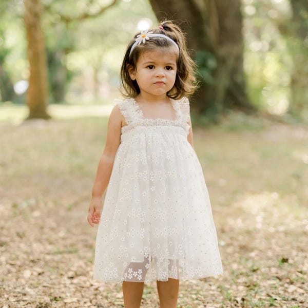 White Daisy Tulle Dress - Cotton Undergarment, Flower Girl Dress