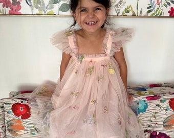 6 mois-7 ans - Robe en tulle à fleurs, robe rose avec fleurs, robe de premier anniversaire, robe photo pour tout-petit, robe à manches volantées, princesse