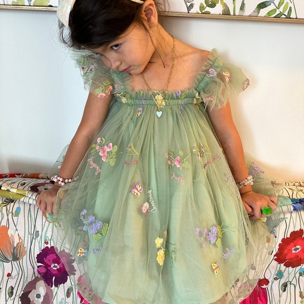 6M-7Y - Flower tulle dress, Green Dress with Flowers, First birthday dress, Toddler photo dress, Ruffle Sleeves Dress, Princess