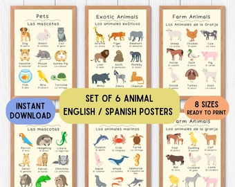 Bilingual Spanish Animal Poster Set of 6, Spanish pdf language printable, Boho Educational Kids Posters, Educational Decoration Poster