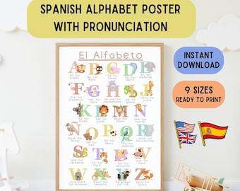 Spanish Alphabet Poster + Pronunciation, Educational Decoration Poster, El Alfabeto, Abecedario, Alphabet Education, Alphabetic Animals