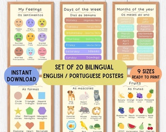 Carteles decorativos educativos en inglés y portugués, juego de 20 carteles educativos, arte mural educativo, descarga digital imprimible en idioma inglés