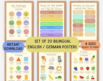 English German educational decoration posters, bilingual educative posters, educational wallart language printable set of 20, poster kinde