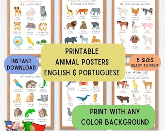 Carteles bilingües de animales en portugués e inglés, juego de 20 carteles educativos, carteles decorativos educativos, idioma imprimible en cualquier color
