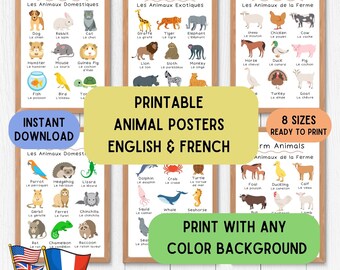 Learn French Animal Languages Posters, Educational Decoration Poster Set for French Ed, Animal Wallart, English French Educative poster set