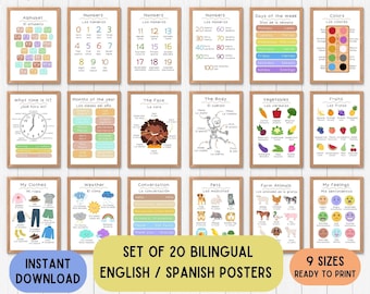 Tweetalige Spaanse educatieve posters, Engels-Spaanse educatieve posters, afdrukbare downloadset in Spaanse pdf-taal van 20 in elke kleur