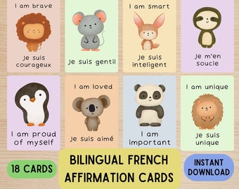 Bilingual French Affirmation Cards for Kids, Affirmational Printable, Daily Affirmation Cards, Kids Positive Mindset, Francais Anglais