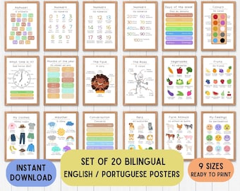 Carteles decorativos educativos bilingües en portugués, juego de 20 carteles educativos, arte mural educativo, idioma imprimible en cualquier color