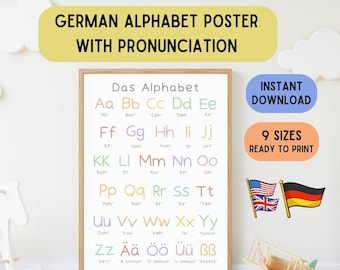 German Alphabet Poster, English German educational decoration poster, educational wallart language printable, poster kinde, German Classroom