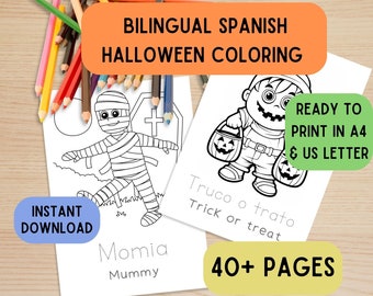 Halloween Coloring Sheets for kids in Bilingual Spanish, Spanish English Downloadable Coloring, Engaging coloring halloween, learn languages