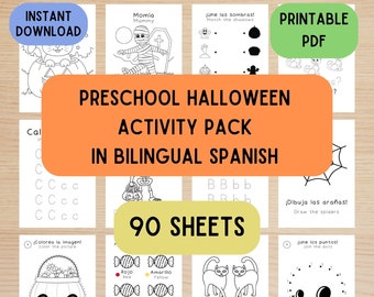 Preschool Halloween Activity Sheets in Bilingual Spanish, 90 page Halloween worksheet bundle, Kids indoor activity, Preschool Busybook