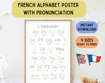 French Alphabet Poster, Francais Anglais education poster, educational wallart, language printable download, abc in french, french pdf