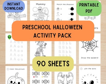 Downloadable Halloween Activity Sheets for Preschool, 90 page Halloween worksheet bundle, Kids indoor activity, Preschool Busybook Printable