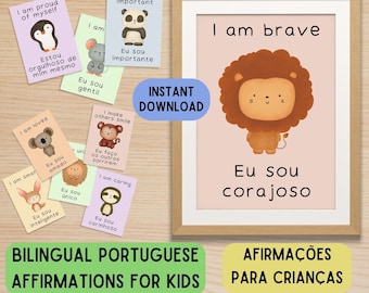Bilingual Portuguese Affirmations for Kids, Affirmational Printable, Affirmational Print, Kids Positive Mindset, Affirmational Poster Set