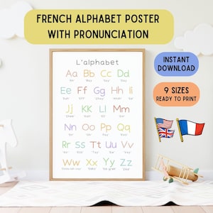 Póster del alfabeto francés, póster educativo en francés e inglés, arte mural educativo, descarga imprimible de idioma, abecedario en francés, PDF en francés