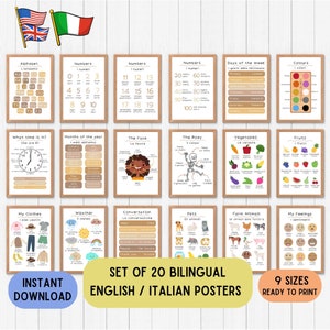 Zweisprachige Italienische Lernposter für Kinder, Lernposter Italienisch Englisch, neutrales Kinderdekor, Download 20 er Set