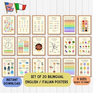 Italiano English educational posters, Bilingual Italian educational wallart, Language printable download set of 20, classroom decoration