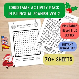 Feuilles d'activités de Noël imprimables en espagnol bilingue, lot d'activités de Noël pour l'éducation en espagnol, téléchargement immédiat de Noël anglais espagnol
