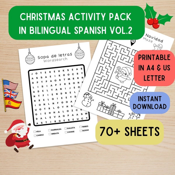 Printable Christmas Activity Sheets in Bilingual Spanish, Christmas Activities Bundle for Spanish Ed, English Spanish Xmas Instant Download