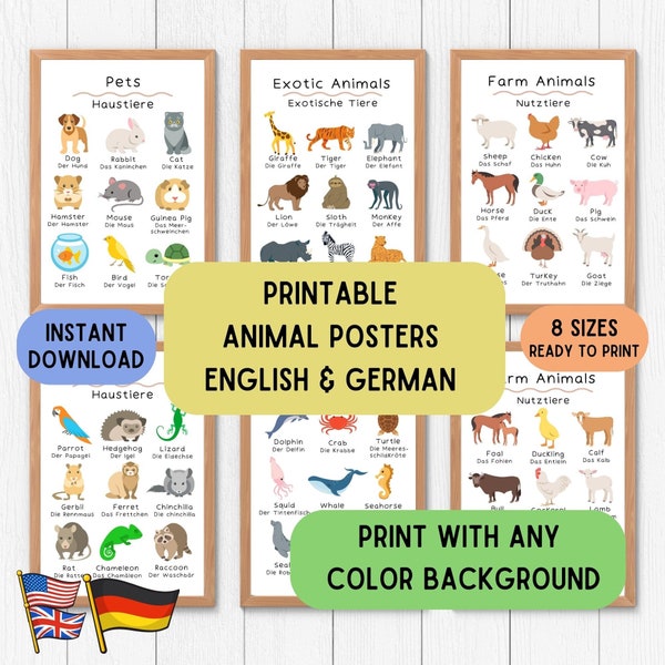 Learn German Educative Posters - Animals, Kinderzimmer Poster Set, Educational Decoration Posters for Bilingual Teaching, Animal Poster Set