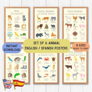 Bilingual Spanish Animal Poster Set of 6, Spanish pdf language printable, Boho Educational Kids Posters, Educational Decoration Poster