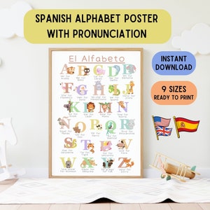 Spanish Alphabet Poster + Pronunciation, Educational Decoration Poster, El Alfabeto, Abecedario, Alphabet Education, Alphabetic Animals