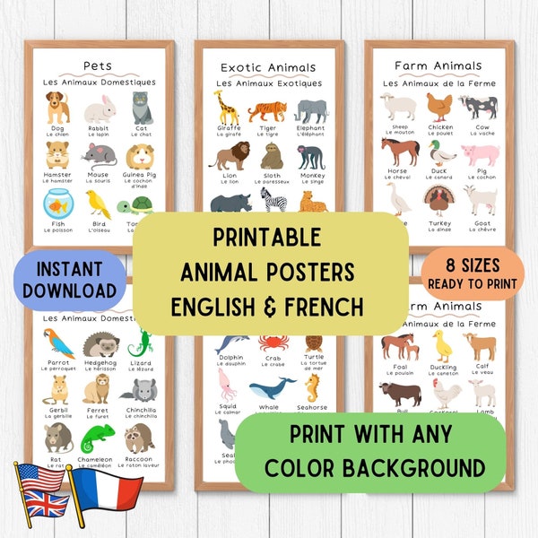 Learn French Animal Languages Posters, Educational Decoration Poster Set for French Ed, Animal Wallart, English French Educative poster set