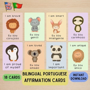 Tarjetas de afirmación bilingües en portugués para niños, tarjetas de afirmación imprimibles, tarjetas de afirmación diarias, mentalidad positiva para niños, aprendizaje del portugués