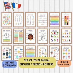 Poster di decorazione educativa francese bilingue, poster in lingua francese ed, poster educativi, lingua stampabile in qualsiasi set di colori di 20