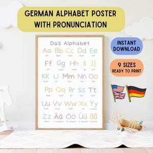 Póster del alfabeto alemán, póster educativo decorativo en inglés y alemán, póster educativo para pared imprimible en idioma alemán, póster para niños, aula de alemán