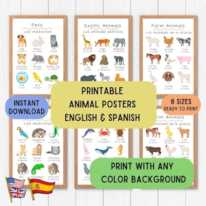 Carteles de idiomas de animales en inglés español, conjunto de carteles de decoración educativa para educación en español, arte de pared de animales, juego de carteles educativos de 6