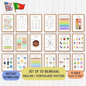 Bilingual Portuguese educational decoration posters, set of 20 educative posters, educational wallart, language printable in any color