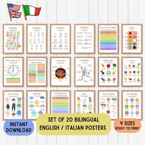 Bilingual Italian educational wallart for kids, Italiano English educational posters, language printable download set of 20 print any color