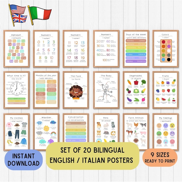 Bilingual Italian educational wallart for kids, Italiano English educational posters, language printable download set of 20 print any color