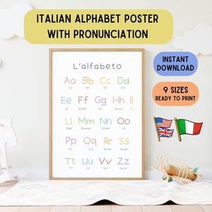 Póster del alfabeto italiano, póster educativo italiano en inglés, arte mural educativo, descarga imprimible en idioma, letras del alfabeto, PDF italiano