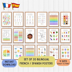 Bilingual Espanol Francais educative posters, Kids Learning Posters, Spanish Ed, French Ed, Language printable download set of 20 any colour