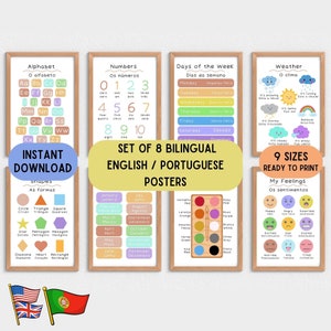 8 English Portuguese educational decoration posters, set of 8 educative posters, educational wallart, language printable digital download