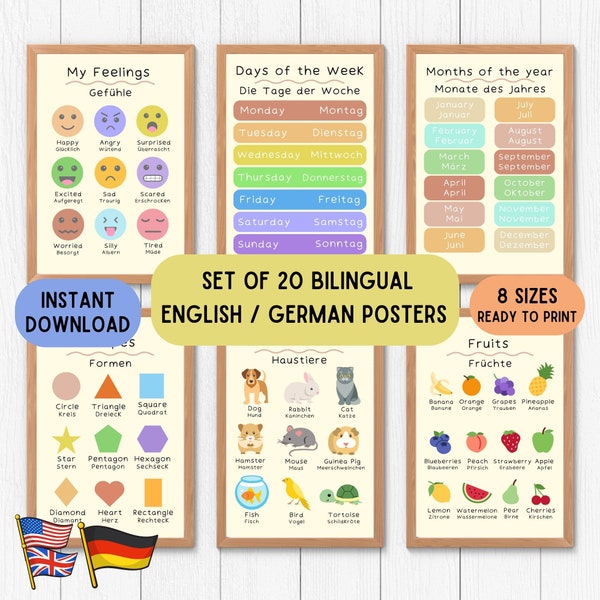 English German educational decoration posters, bilingual educative posters, educational wallart language printable set of 20, poster kinde