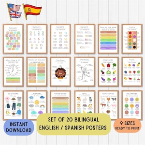 Carteles educativos bilingües en español, carteles educativos en inglés español, conjunto de descarga imprimible en español pdf de 20 de cualquier color