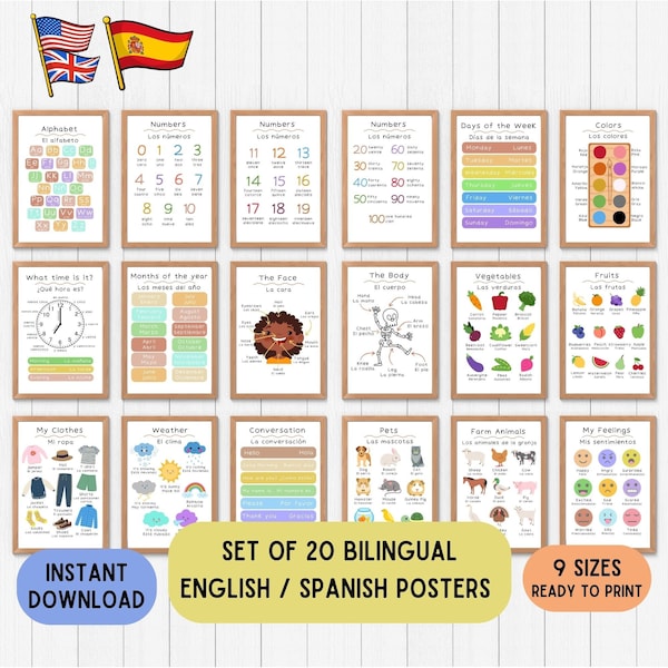 Bilingual Spanish educational posters, English Spanish educative posters, Spanish pdf language printable download set of 20 any colour