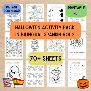 Kids Halloween Activity Printable in Bilingual Spanish, 75 page Halloween worksheet bundle, Kids indoor activity, English Spanish Learning
