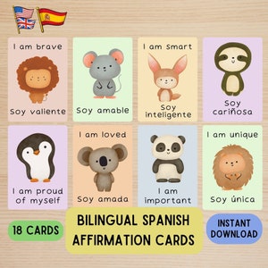 Cartes d’affirmation espagnoles bilingues pour les enfants, imprimables affirmatives, cartes d’affirmation quotidiennes, état d’esprit positif pour enfants, salle de classe espagnole