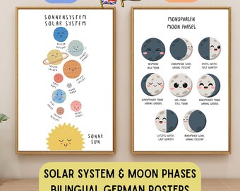 May include: Two educational posters featuring cartoon illustrations. The left poster displays the solar system with planets labeled in German and English. The right poster shows moon phases with labels in German and English. Both have white backgrounds.