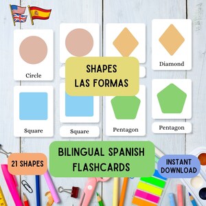 Formas de cartões flash bilíngues em espanhol, aprenda Montessori com 21 flashcards em espanhol e inglês pdf em 3 partes, conjunto de formas de cartões educativos