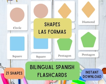 Bilingual Spanish English Shapes Flashcards: Montessori Learning, Teach Kids Spanish, English Spanish Card printables, Learn Spanish PDF