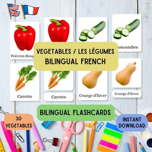 Flashcards em inglês e francês, vegetais, aprenda Montessori com 30 flashcards em pdf em francês e inglês em 3 partes, conjunto de flashcards educativos